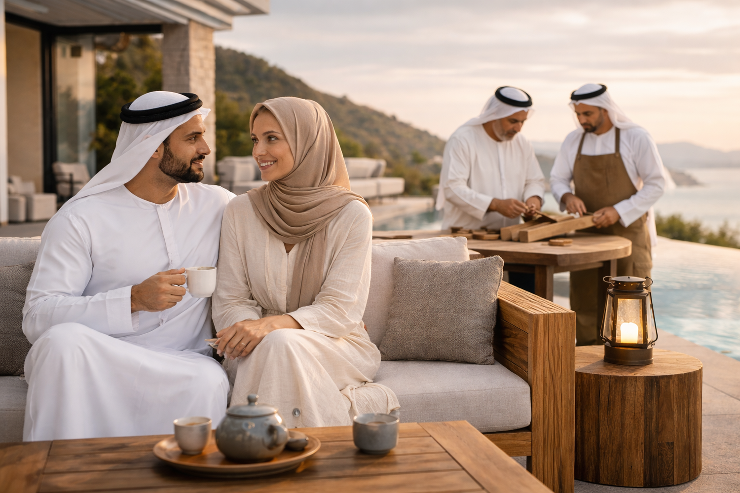 Couple in traditional attire sitting on a patio with a scenic background