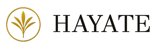 Logo of HAYATE with a gold circular emblem and leaf design on a white background
