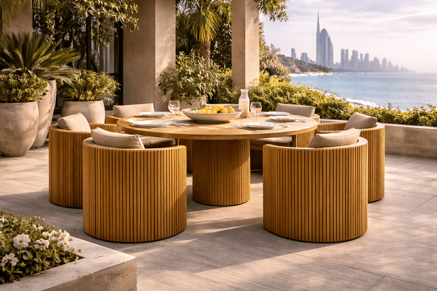 Hayate Palma Fluted Teak Outdoor Dining Set | Luxury Outdoor Furniture | HAYATE